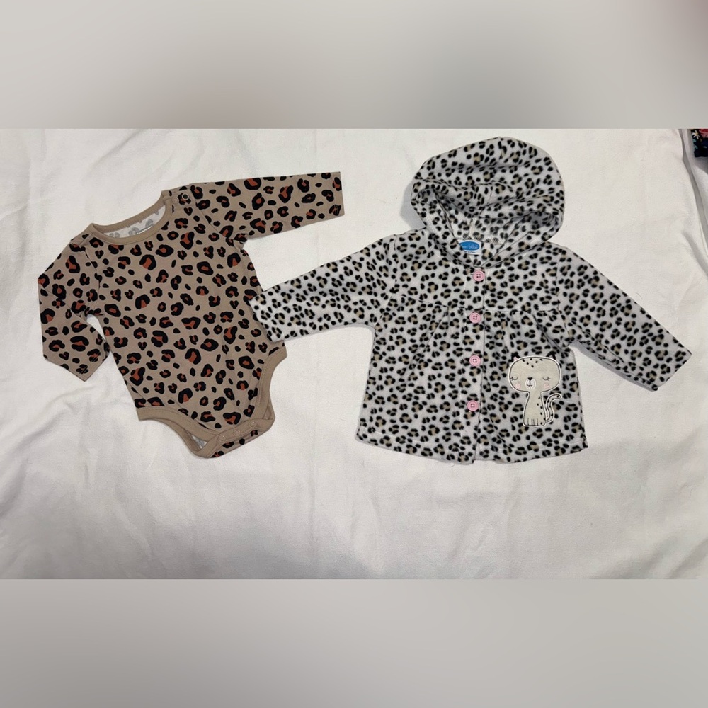 BUNDLE LEOPARD PRINT GARANIMALS ONESIE LONGSLEEVE 3-6m. JACKET BON BEBÉ 6-9m